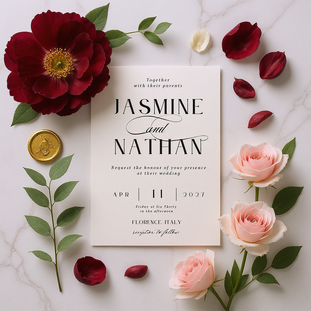 Firefly_Flux_luxury wedding stationery mockup,_elegant invitation card lying flat on white marble  137841.png__PID:deaa8d3b-2858-4a09-be69-cb063b71916a